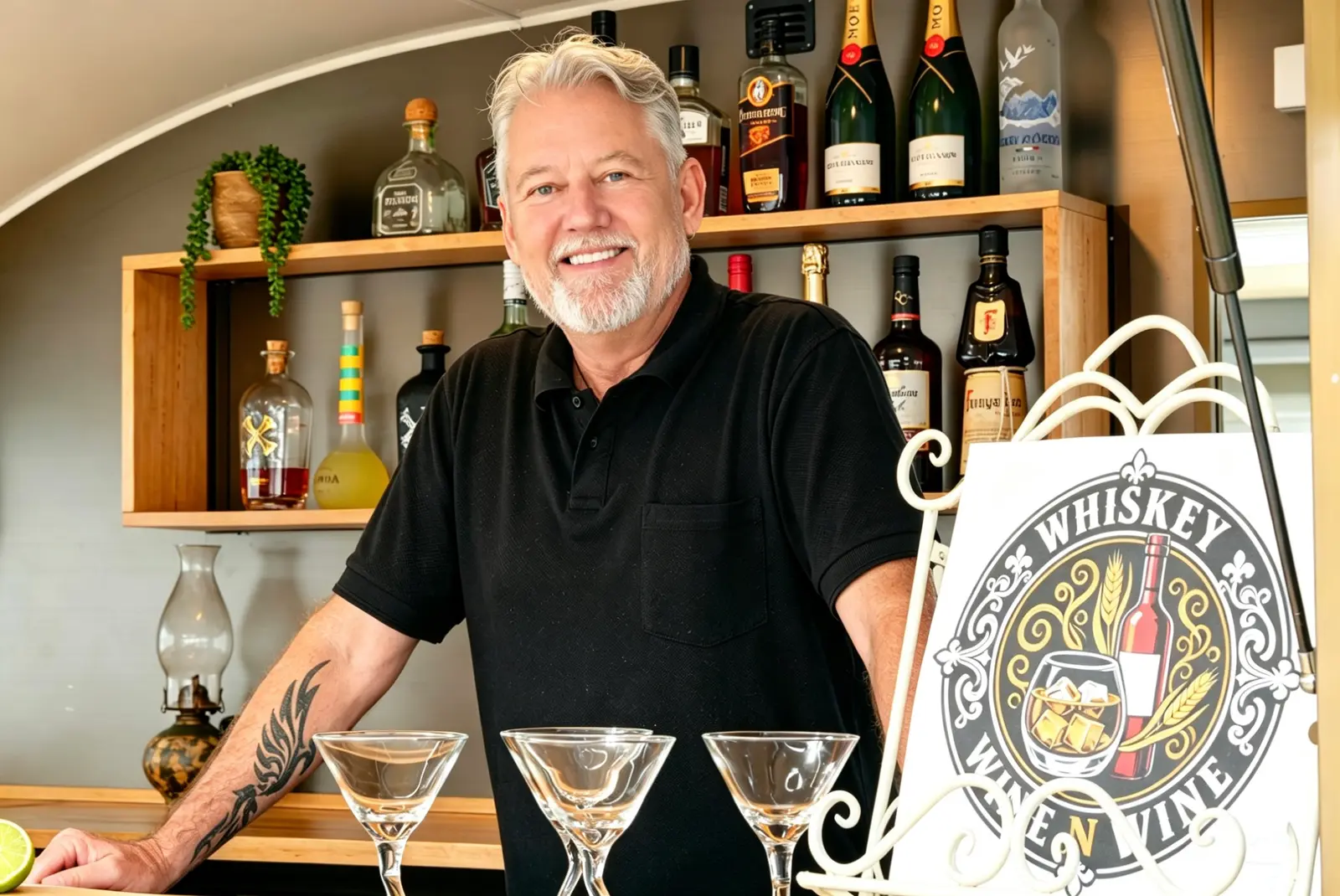 Glenn, owner of Whiskey N Wine, behind the bar with martini glasses