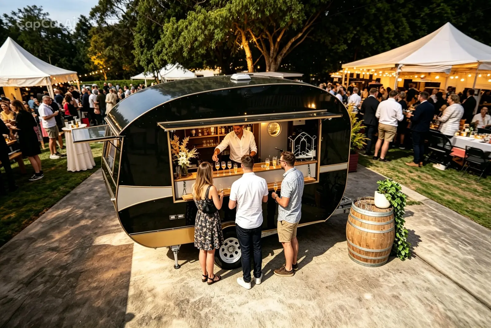 Wedding guests ordering drinks from the mobile bar van under marquees
