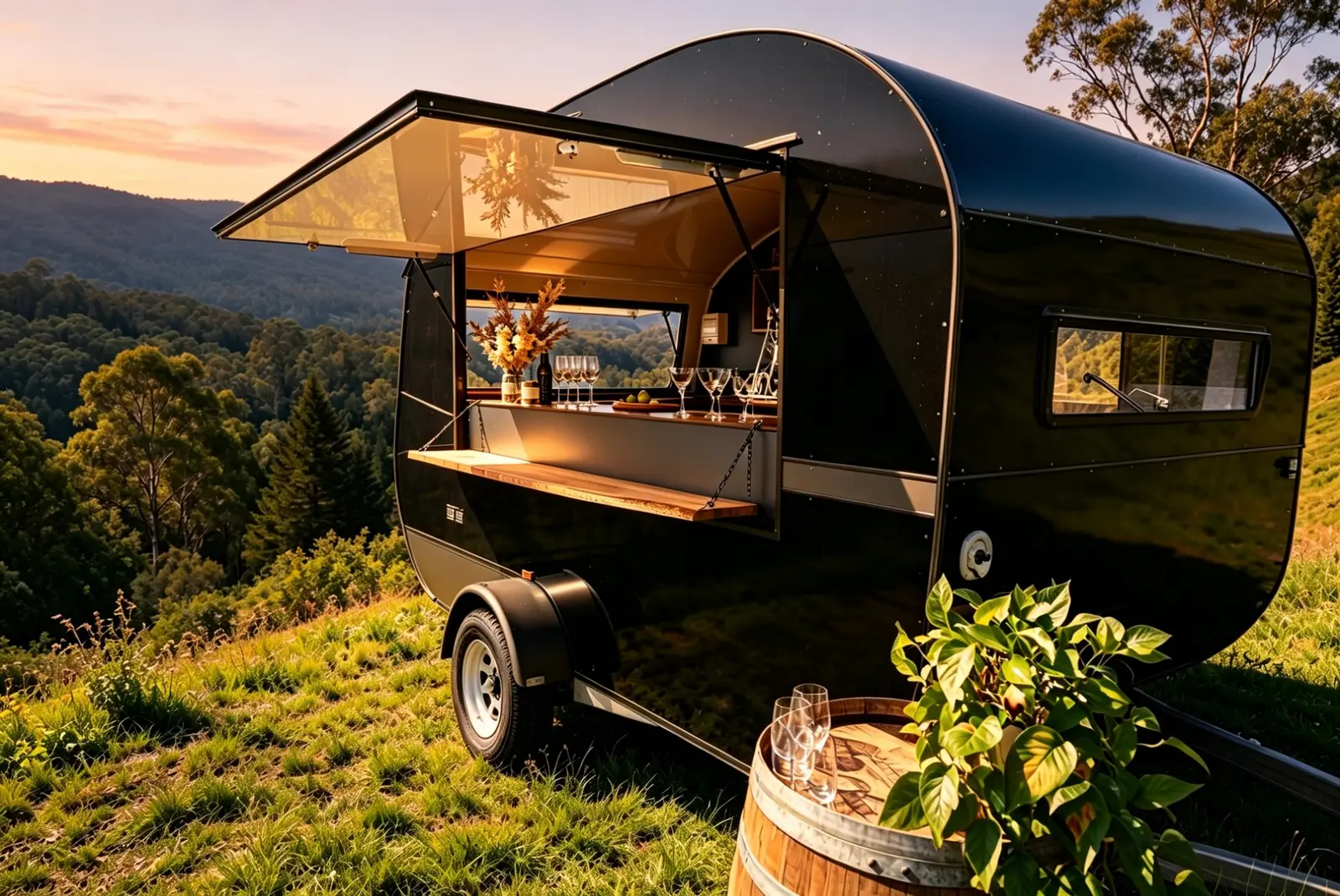 Whiskey N Wine vintage mobile bar van open at sunset overlooking the Sunshine Coast hinterland